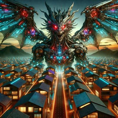 Primary subject: A large, colorful, and futuristic dragon-like creature with a red and blue color scheme.

Setting/background: The dragon is standing in front of a cityscape, with a row of houses and a mountain in the background.

Visual style: The image is a digital art or illustration, featuring a detailed and vibrant dragon.

Colors and mood: The dragon has a red and blue color scheme, which gives it a bold and energetic